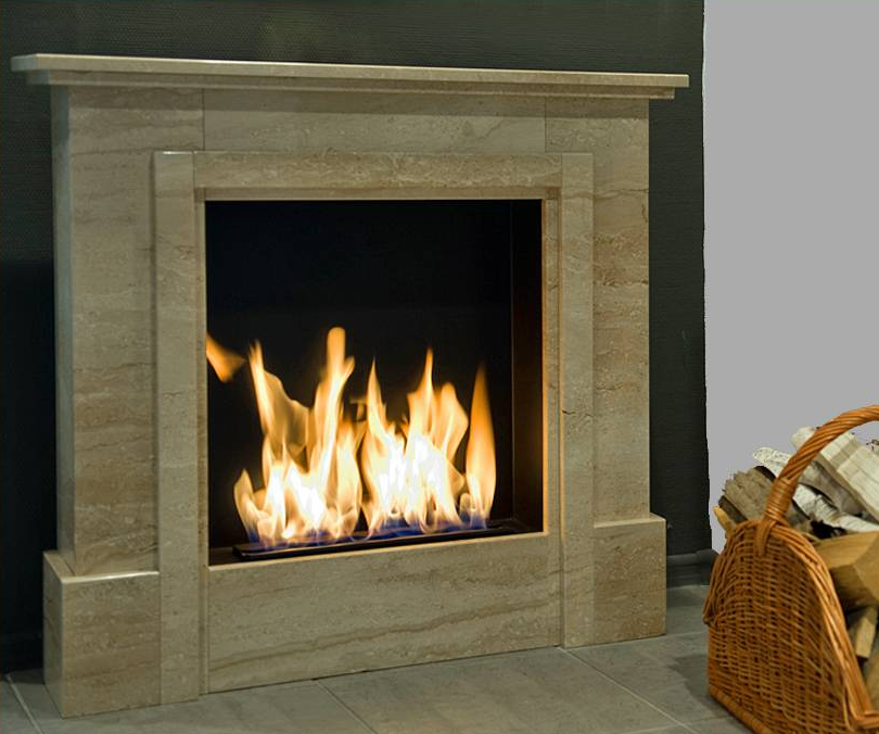 Bioethanol Standkamin PORTAL Marmor Beige Luxus Wohnzimmer Nahaufnahme Flammenspiel