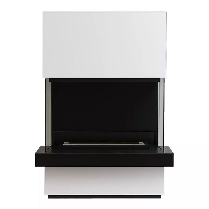 Freistehender Bioethanol Standkamin Standofen RIMINI XXL dreiseitig Raumteiler in Schwarz und Weiss mit Glas - Frontale Ansicht