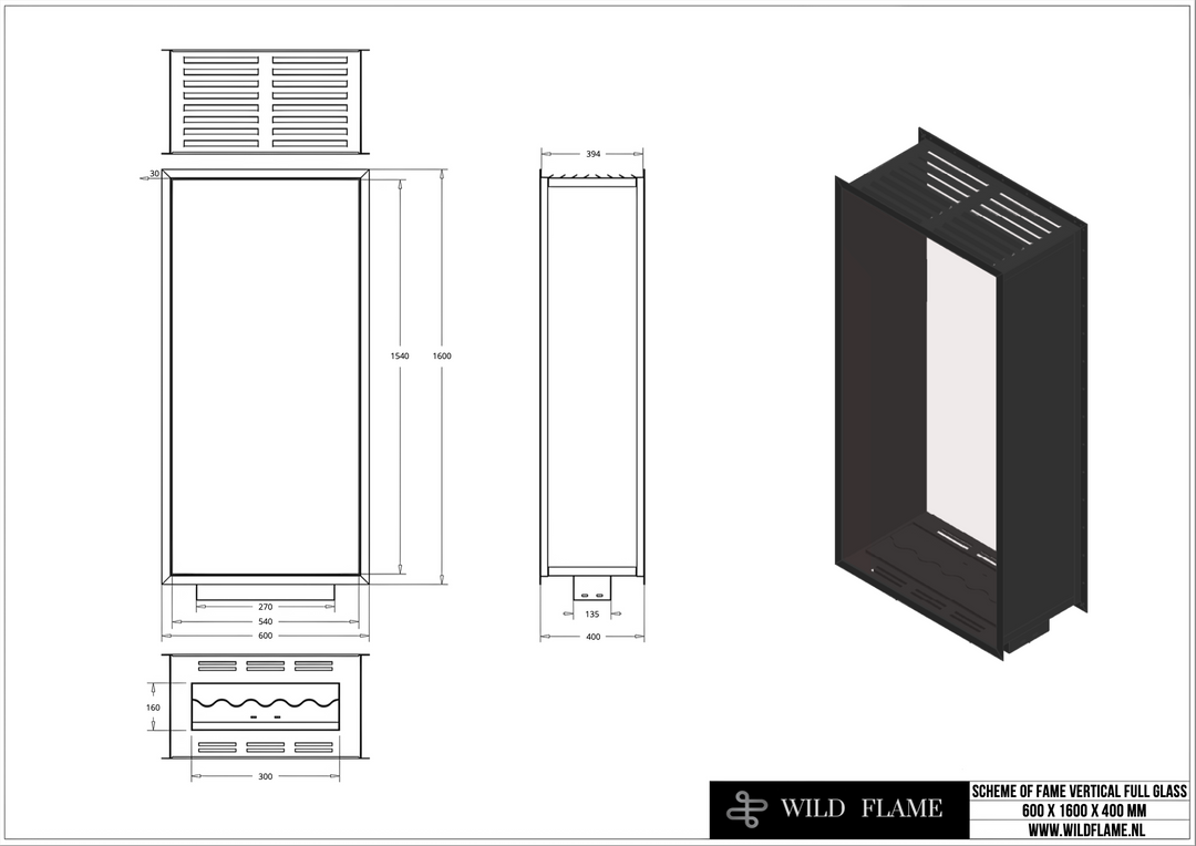 Technische Zeichnung für Bioethanol Einbau Kamin Zweiseitig und Vertikal für Raumteiler mit Vollverglasung Vollglas FAME 60x160cm von Wild Flame