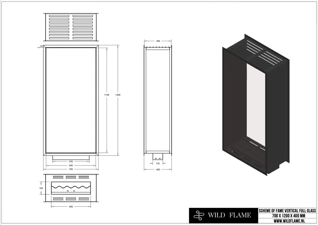 Technische Zeichnung für Bioethanol Einbau Kamin Zweiseitig und Vertikal für Raumteiler mit Vollverglasung Vollglas FAME 70x120cm von Wild Flame