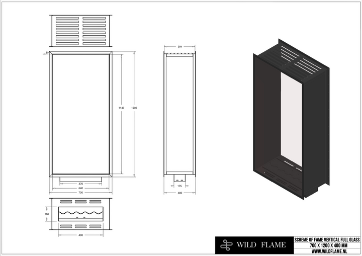 Technische Zeichnung für Bioethanol Einbau Kamin Zweiseitig und Vertikal für Raumteiler mit Vollverglasung Vollglas FAME 70x120cm von Wild Flame