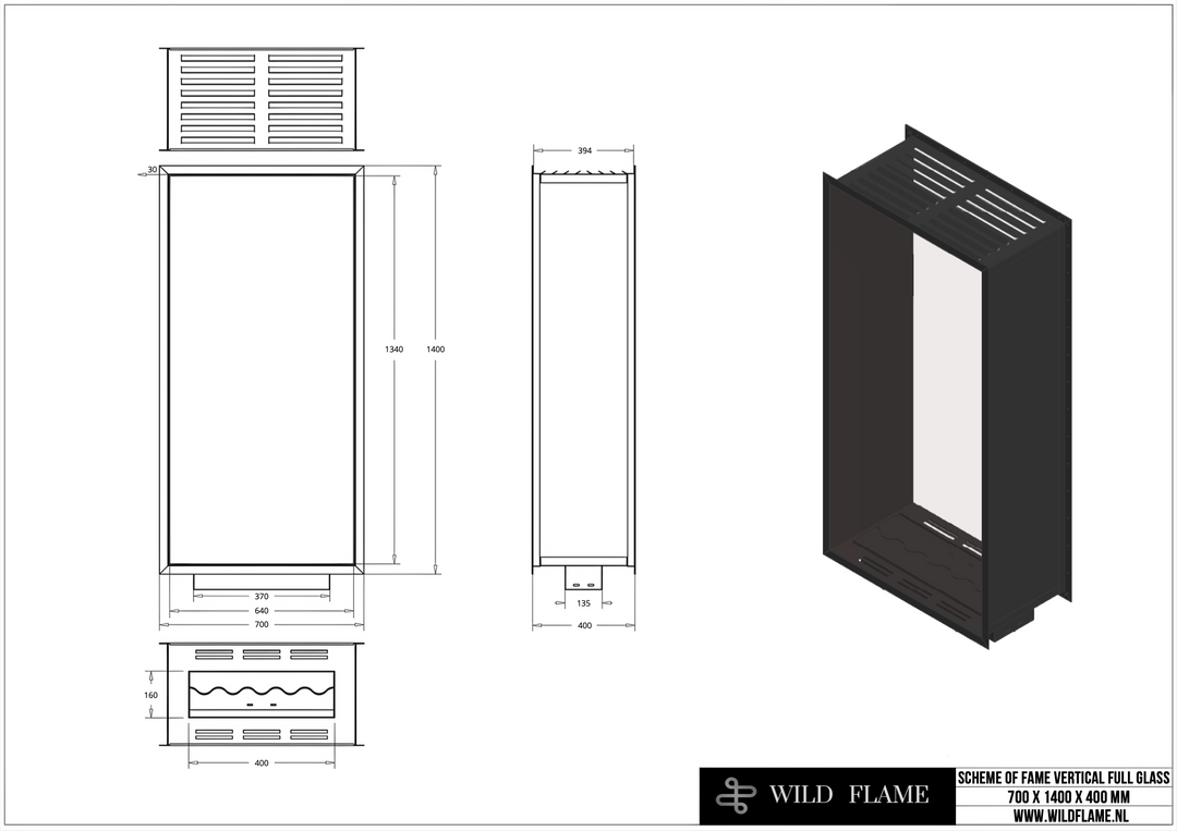 Technische Zeichnung für Bioethanol Einbau Kamin Zweiseitig und Vertikal für Raumteiler mit Vollverglasung Vollglas FAME 70x140cm von Wild Flame