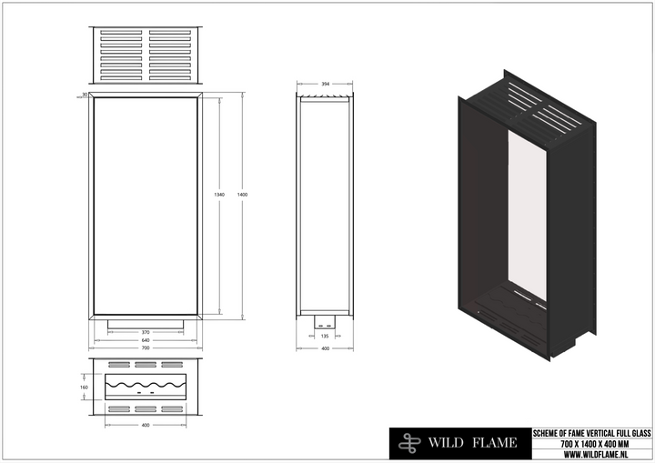 Technische Zeichnung für Bioethanol Einbau Kamin Zweiseitig und Vertikal für Raumteiler mit Vollverglasung Vollglas FAME 70x140cm von Wild Flame
