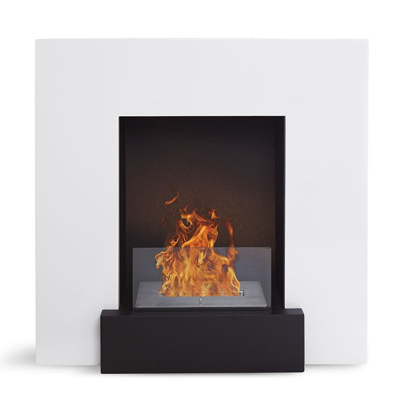 Freistehender Bioethanol Standkamin ALDEBARAN stehender Biokamin Weiss Schwarz Quadratisch mit Glas Frontal