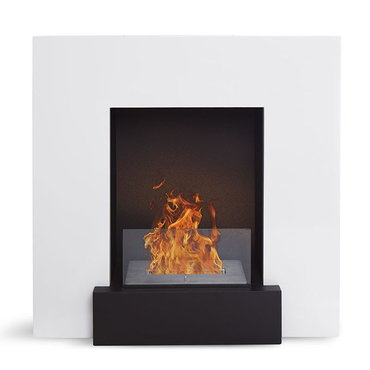 Freistehender Bioethanol Standkamin ALDEBARAN stehender Biokamin Weiss Schwarz Quadratisch mit Glas Frontal