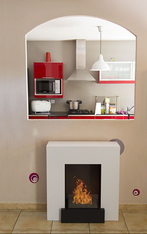 Freistehender Bioethanol Standkamin ALDEBARAN stehender Biokamin Weiss Schwarz Quadratisch mit Glas Wohnzimmer Modern